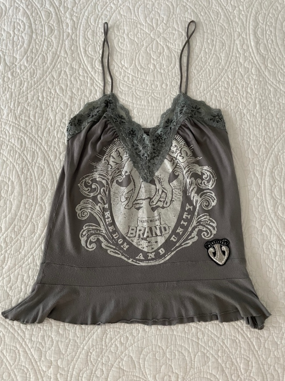 Nine Lives Gray Graphic Cami Top Lace Beaded Trim Y2K Grunge Ruffle Hem